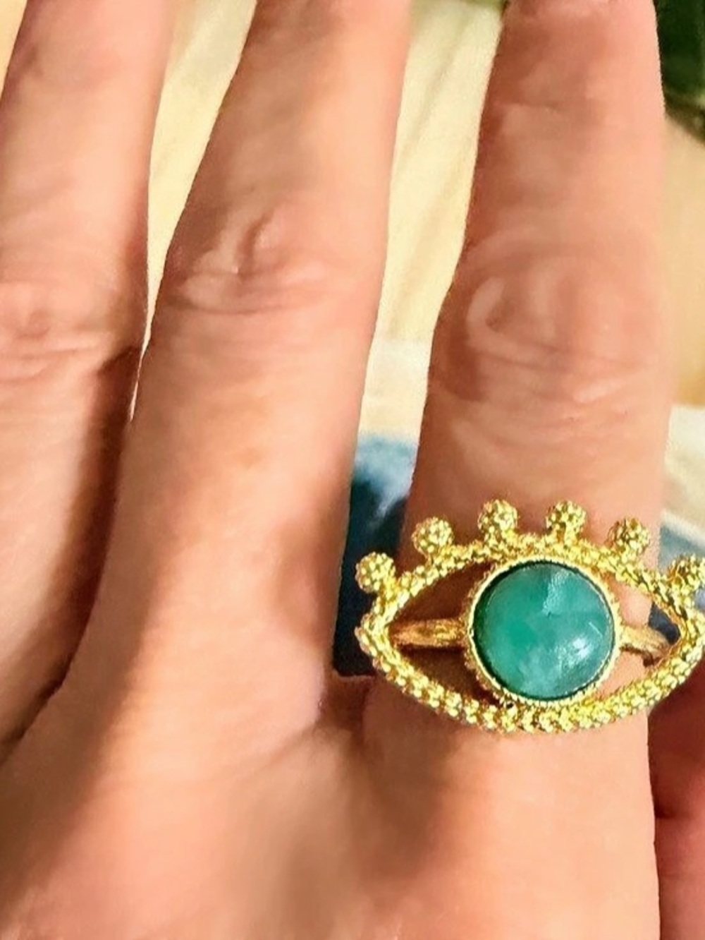 Green Gemstone Gold-filled Evil Eye Statement Ring New